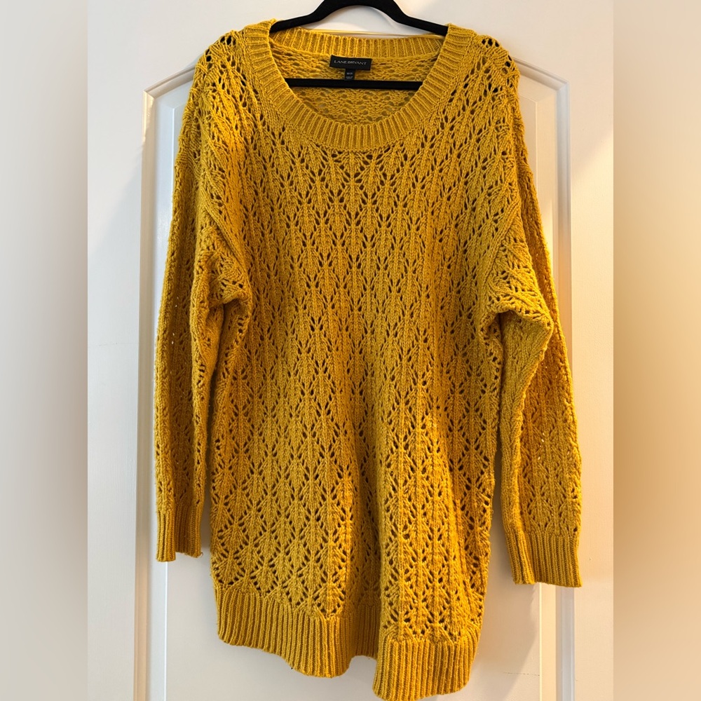 Lane Bryant Mustard Openwork Off-the-Shoulder Sweater